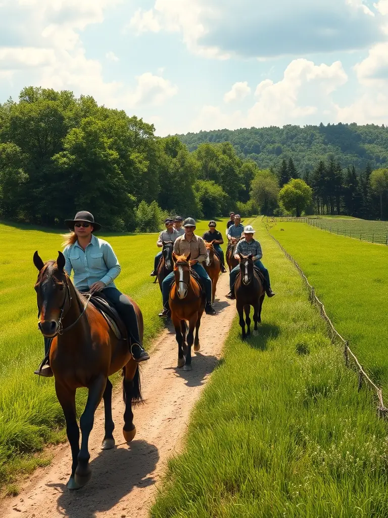 A scenic view of a group of riders enjoying a leisurely trail ride through the countryside, emphasizing the community and recreational aspects of LES AMIS CAVALIERS DES SABLONS.