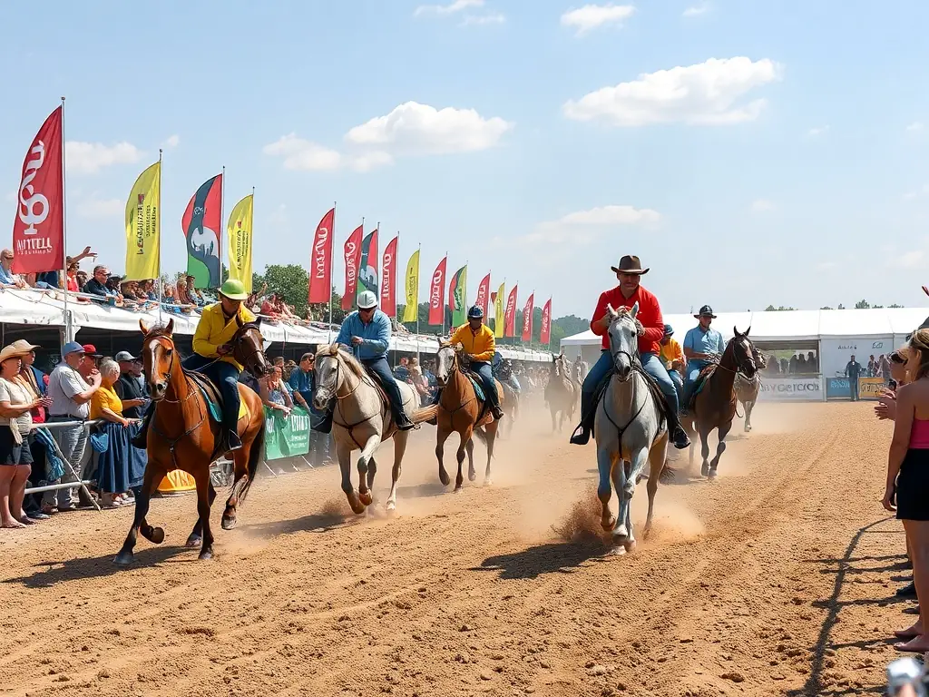 A vibrant scene from one of LES AMIS CAVALIERS DES SABLONS' equestrian events, showcasing riders competing and spectators cheering.