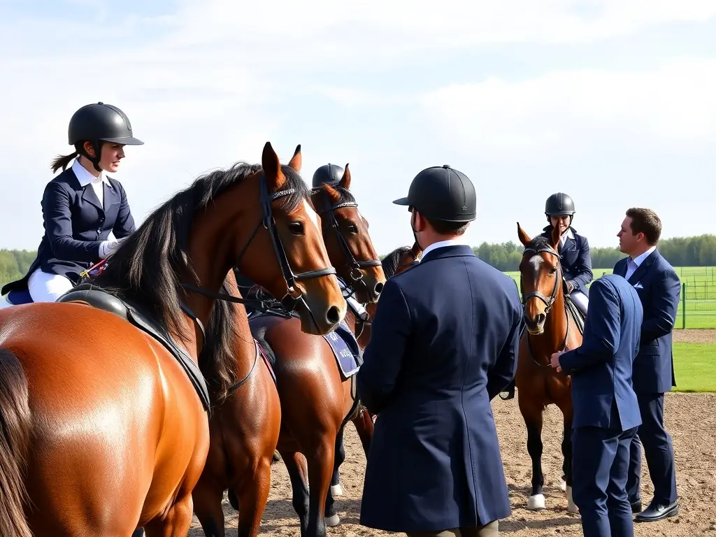 A group of riders participating in a dressage training session, focused and attentive, with an experienced instructor providing guidance.