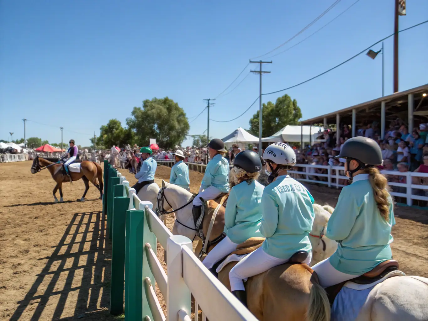 A lively scene from a community equestrian event, showcasing riders and spectators enjoying various activities and competitions.