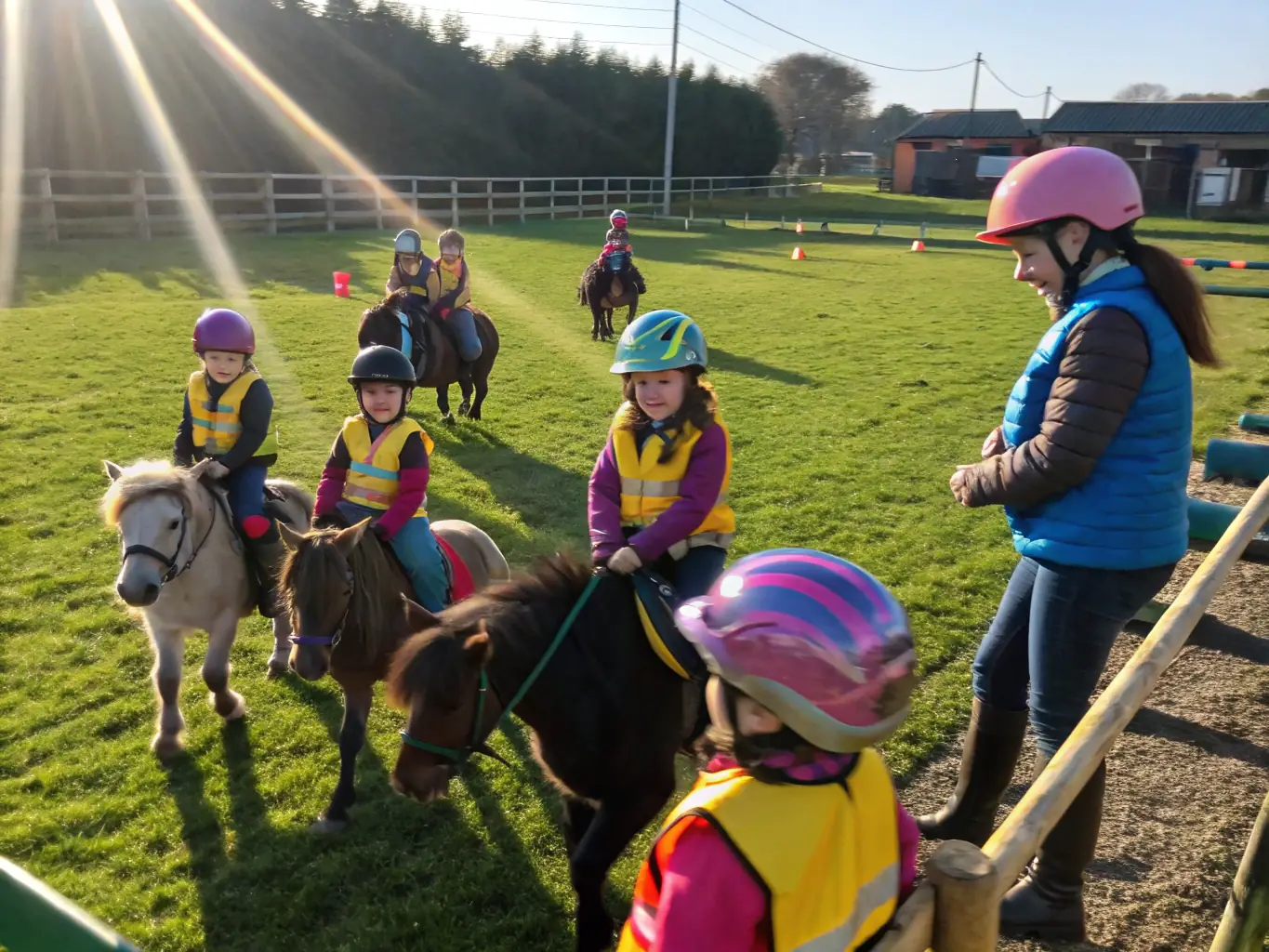 A vibrant image depicting a group of beginner riders participating in a foundational training session at LES AMIS CAVALIERS DES SABLONS, focusing on basic horsemanship and safety techniques.