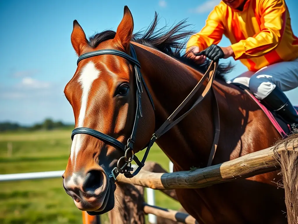 A close-up shot of a horse jumping over an obstacle during a show jumping competition, demonstrating the skill and athleticism involved.