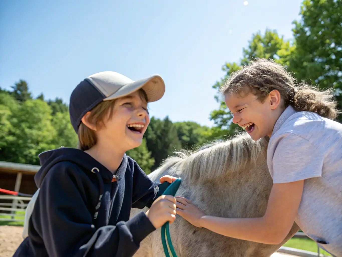 A heartwarming image of volunteers assisting with a therapeutic riding session at LES AMIS CAVALIERS DES SABLONS, highlighting the organization's commitment to inclusivity and community support.