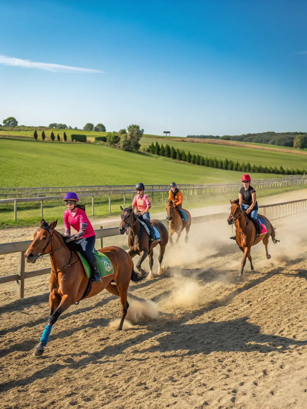A group of riders participating in a therapeutic riding session, highlighting the inclusive and supportive environment at LES AMIS CAVALIERS DES SABLONS.